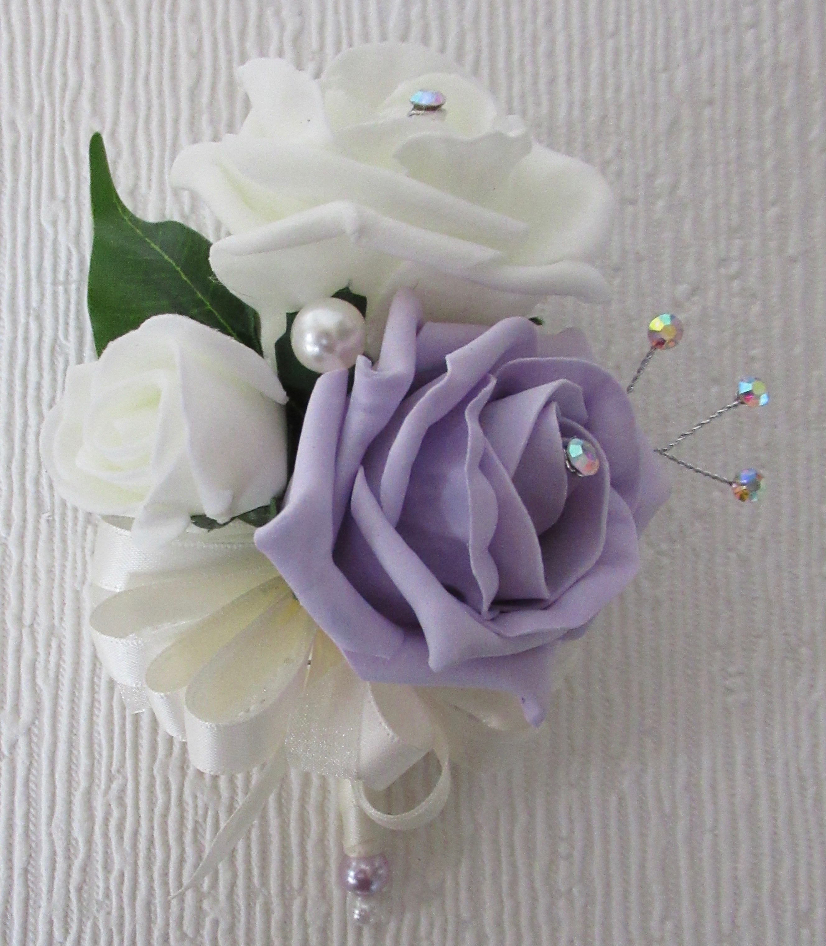 Lilac & white pin on corsage, wedding corsage in lilac